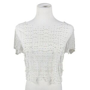 Faded Rose White Mesh Faux Pearl Rhinestone Sheer Crop Top Womens Large RN123271